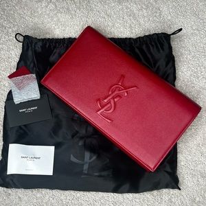 Red YSL belle de jour large clutch. Option of chains for crossbody